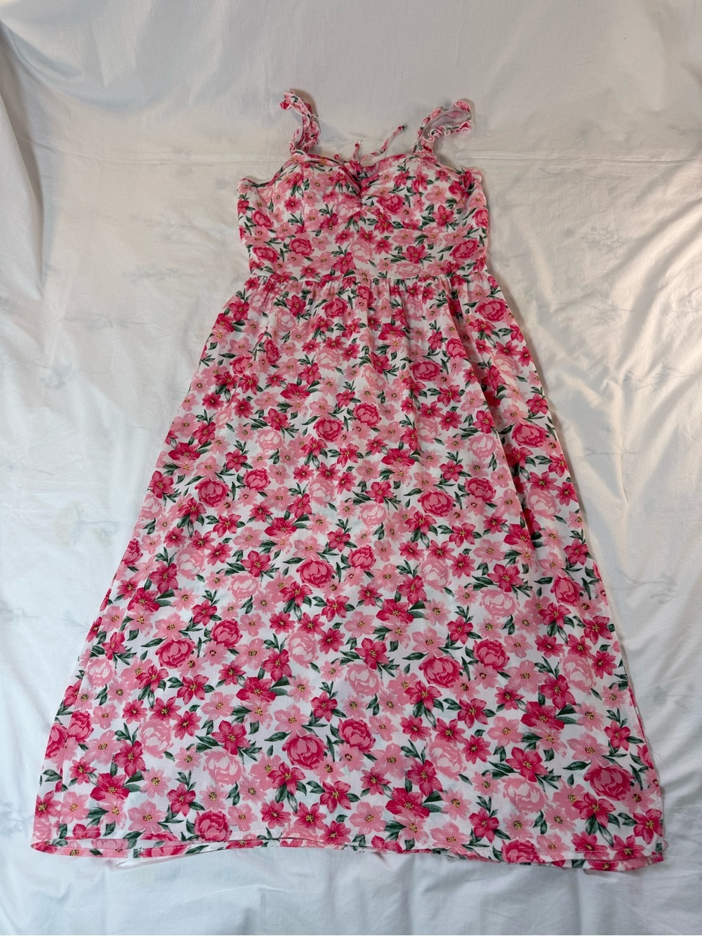 AUW Pink Floral Sundress with Green Leaf Accents Size XL